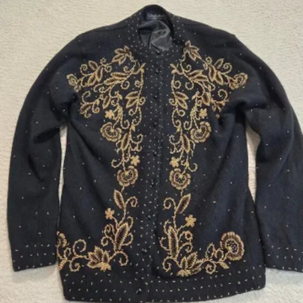 Vtg Mitsu Koshi 1950s Black Wool Angora Beaded Gold Cardigan Sweater Sz M